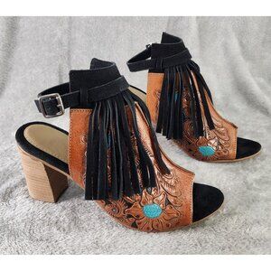 AD American Darling Shoes Womans Size 8 Brown Leather Hand Craved Open Toe Heels